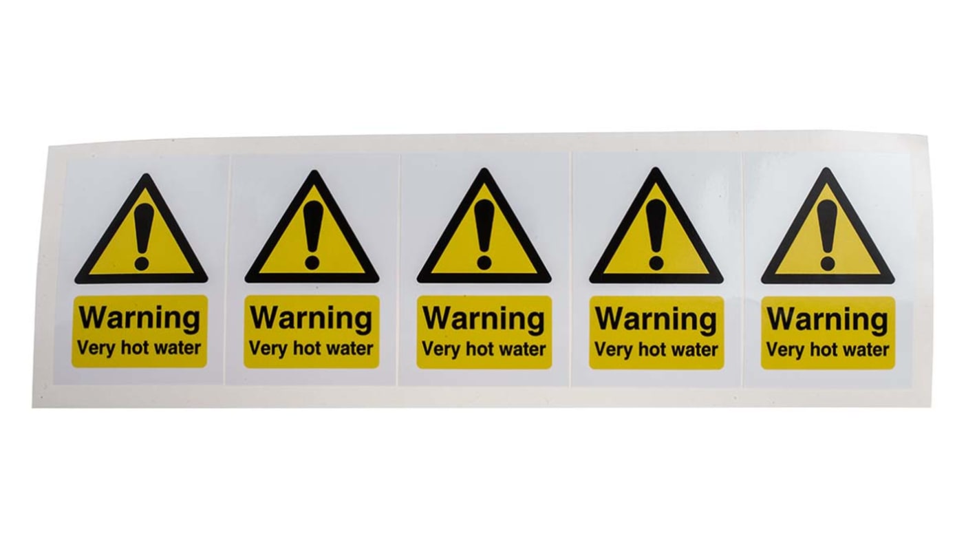 RS PRO Black/White/Yellow Vinyl Safety Labels, Warning Very Hot Water-Text 70 mm x 50mm