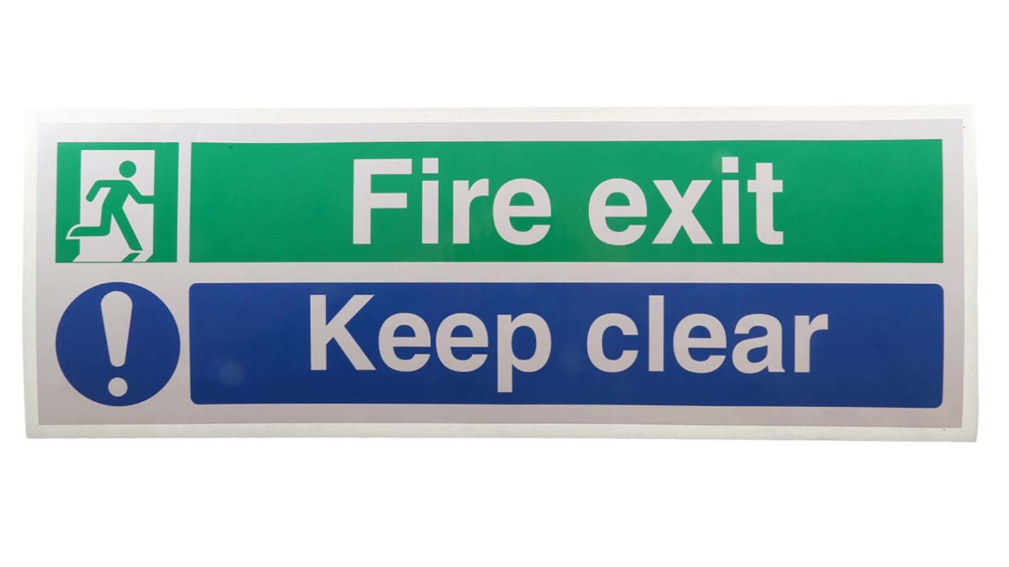 Panneau de sécurité incendie Auto-Adhésif, Fire exit Keep clear, texte en Anglais, Bleu, vert, Vinyle