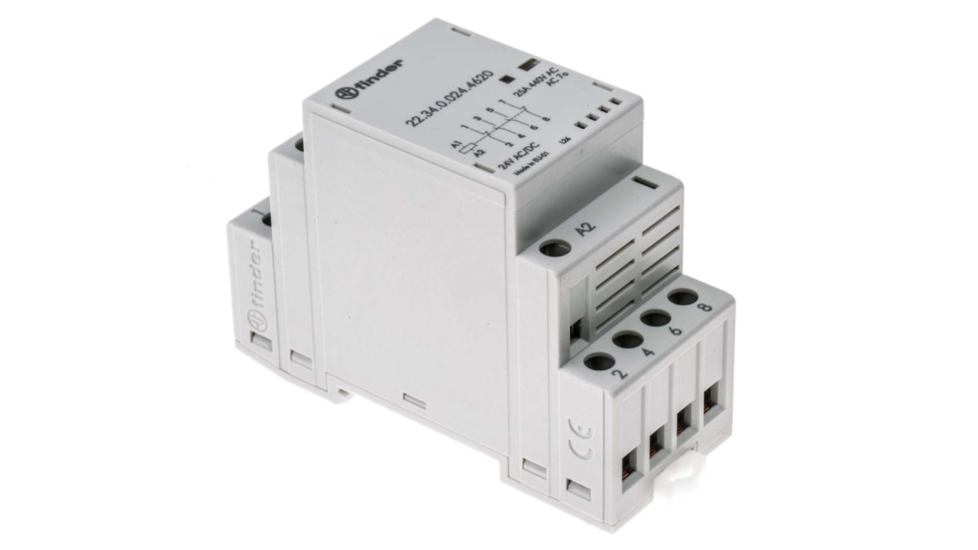 Contactor Finder 22 Series de 4 polos, 2 NA + 2 NC, 25 A, bobina 24 V ac, 4 kW