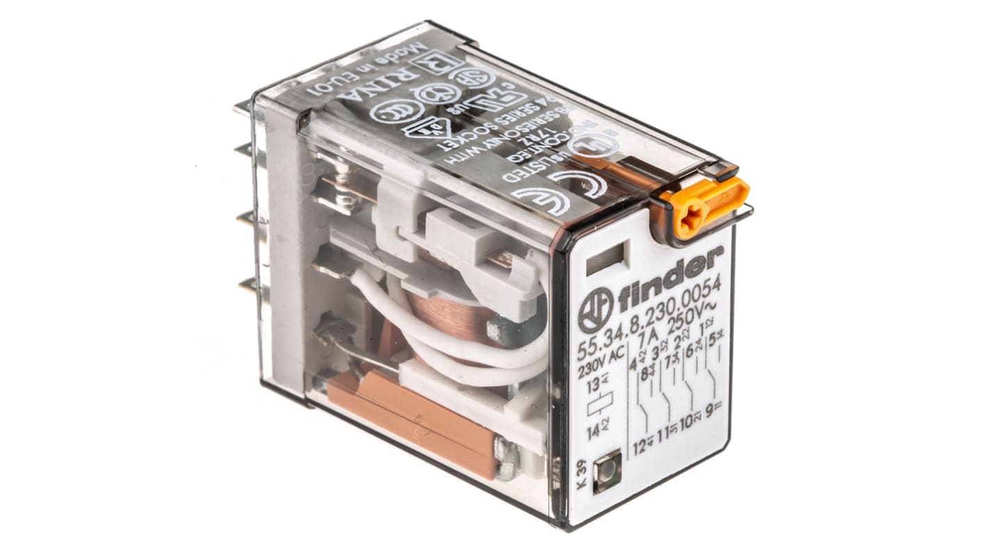 Finder Plug In Power Relay, 230V ac Coil, 7A Switching Current, 4PDT