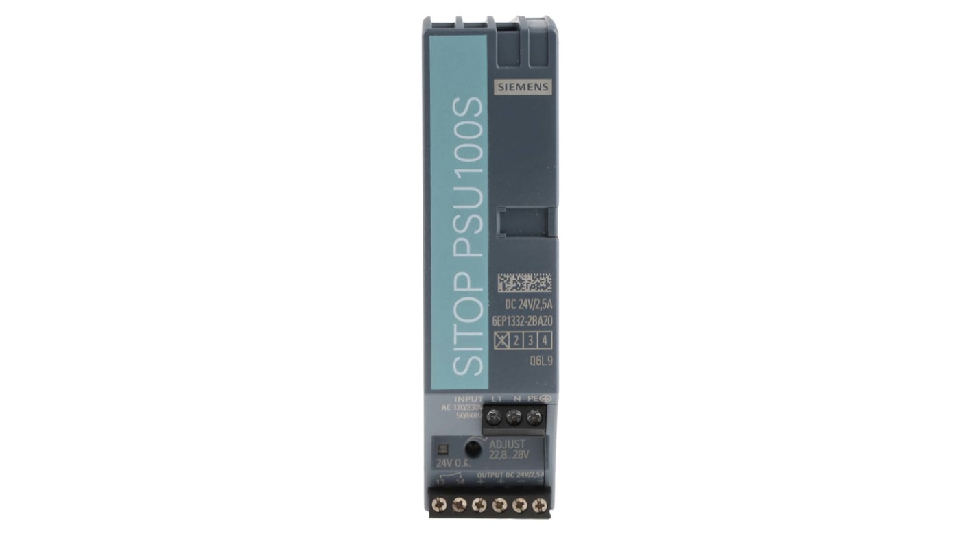 Siemens SITOP PSU100S Switched Mode DIN Rail Power Supply, 85 → 132V ac ac Input, 24V dc dc Output, 2.5A Output,