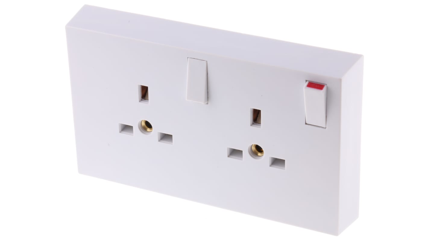 RS PRO White 2 Gang Plug Socket, 1 Pole Poles, 13A, Type G - British, Indoor Use