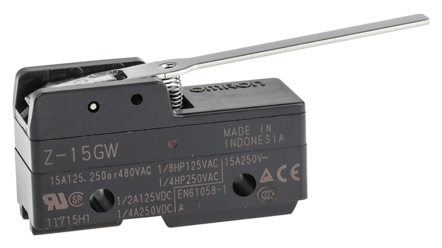 Omron Lever Limit Switch, NO/NC, IP00, SPDT, Thermosetting Resin Housing, 500V ac Max, 15A Max