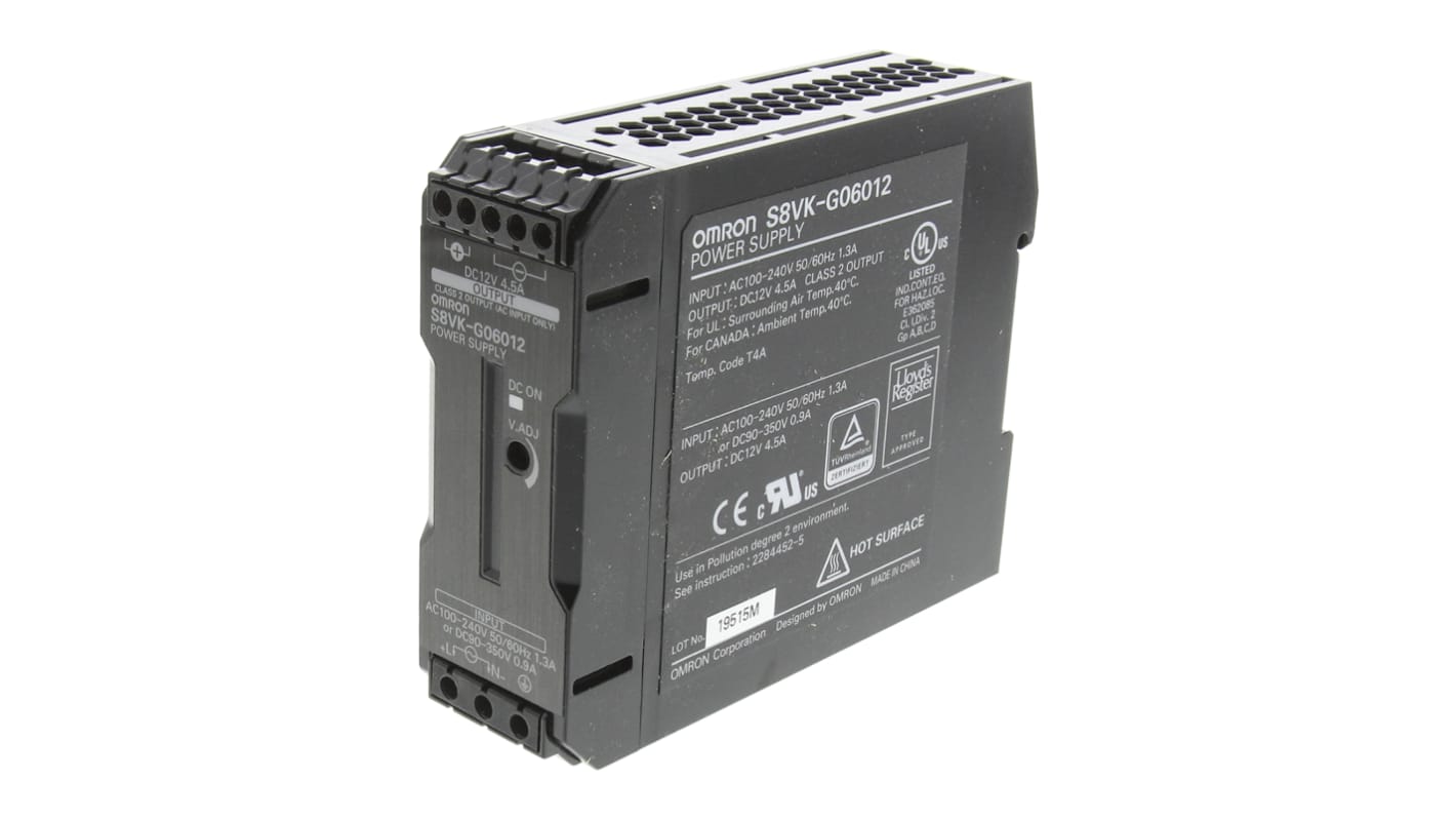 Omron DINレール取付け用スイッチング電源, S8VK-G06012, 出力：4.5A, 定格：60W 入力電圧：ac, dc 出力電圧：dc 12V dc/