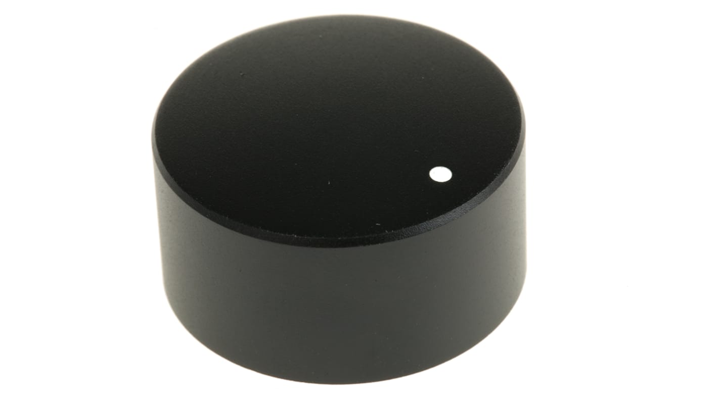 Mando de potenciómetro RS PRO, eje 6mm, diámetro 29.8mm, Color Negro, indicador Blanco Ranurado