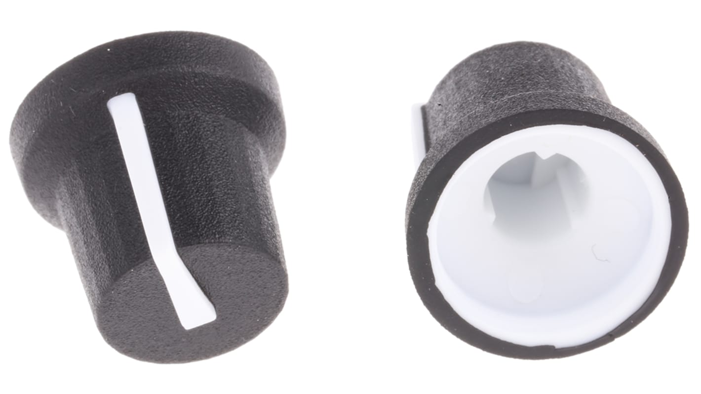RS PRO Fekete Potenciométer gomb Fehér színű jelzőfénnyel , 6mm tengellyel, forgatógomb Ø: 16.8mm Bordás