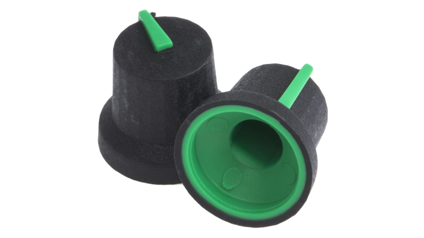 Mando de potenciómetro RS PRO, eje 6mm, diámetro 16.8mm, Color Negro, indicador Verde Con forma de D