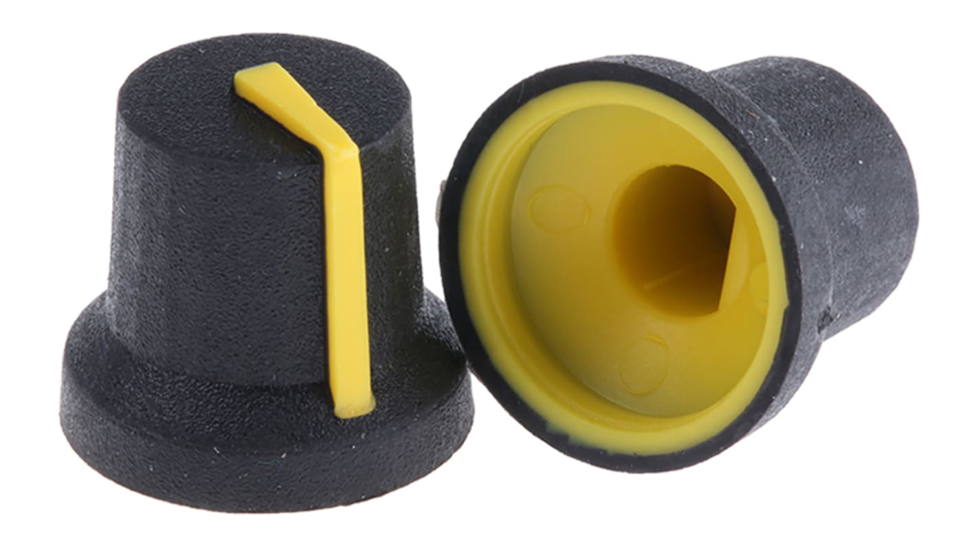 RS PRO Fekete Potenciométer gomb Sárga színű jelzőfénnyel , 6mm tengellyel, forgatógomb Ø: 16.8mm D-alakú