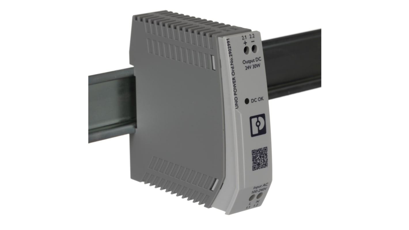 Phoenix Contact UNO-PS/1AC/24DC/30W Switched Mode DIN Rail Power Supply, 85 → 264V ac ac Input, 24V dc dc