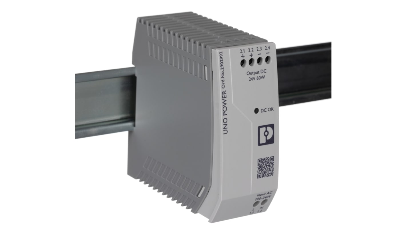 Phoenix Contact UNO-PS/1AC/24DC/60W Switched Mode DIN Rail Power Supply, 85 → 264V ac ac Input, 24V dc dc