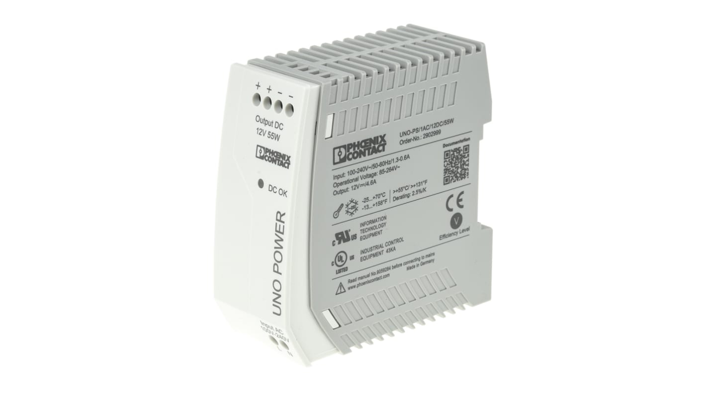 Phoenix Contact UNO-PS/1AC/12DC/55W Switch Mode DIN Rail Power Supply, 85 → 264V ac ac Input, 12V dc dc Output,