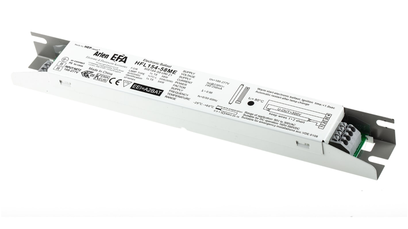 RS PRO 54 (T5 HO) W, 55 (TC-L) W, 58 (T8) W Electronic Compact Fluorescent Lighting Ballast, 220 → 240 V