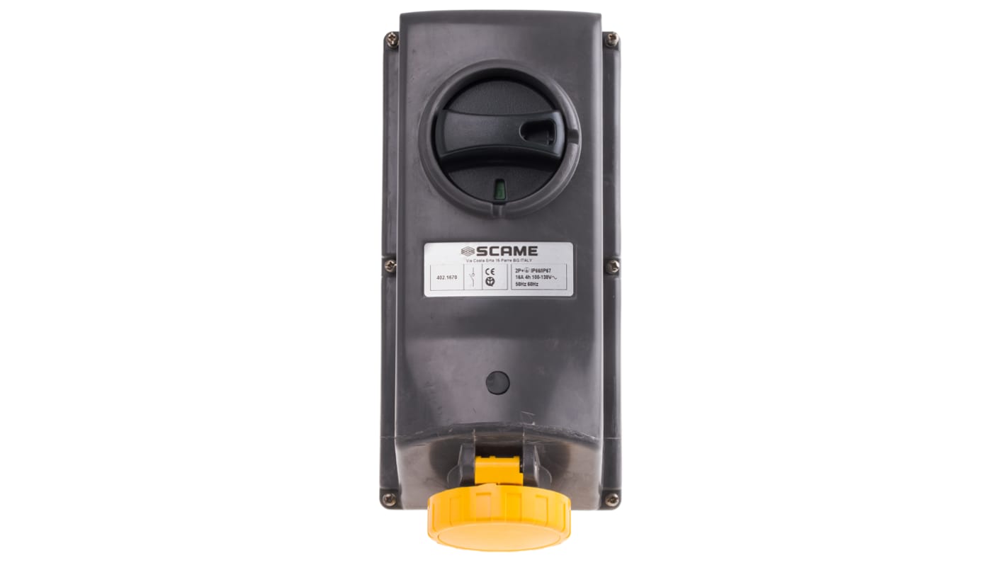 Scame IP67 Yellow Panel Mount 2P + E Right Angle Industrial Power Socket, Rated At 16A, 110 V