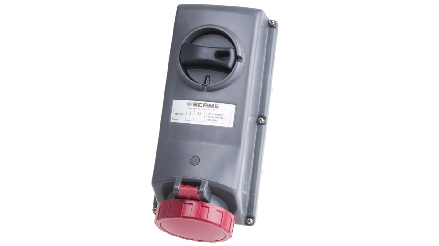 Scame IP67 Red Panel Mount 3P + E Right Angle Industrial Power Socket, Rated At 32A, 415 V