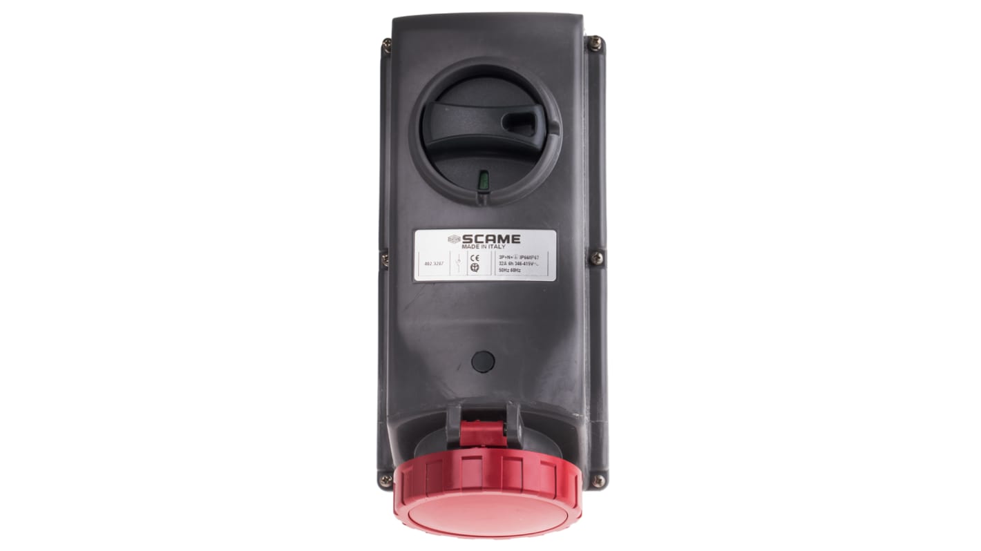 Scame IP67 Red Panel Mount 3P + N + E Right Angle Industrial Power Socket, Rated At 32A, 415 V