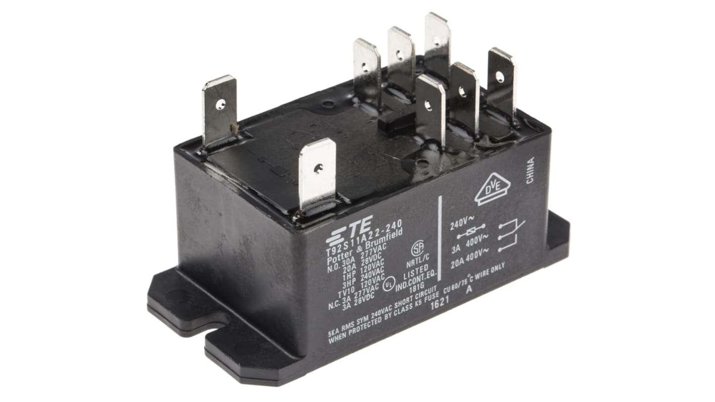 Relé de potencia sin enclavamiento TE Connectivity T92 de 2 polos, DPDT, bobina 230V ac, 30A, Montaje en Panel