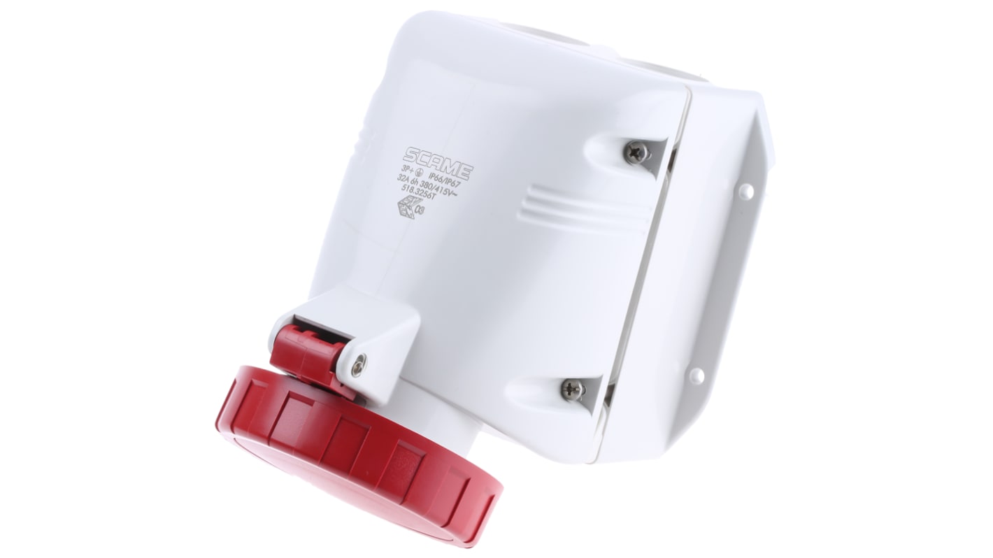 Scame IP66, IP67 Red Wall Mount 3P + E Industrial Power Socket, Rated At 32A, 415 V