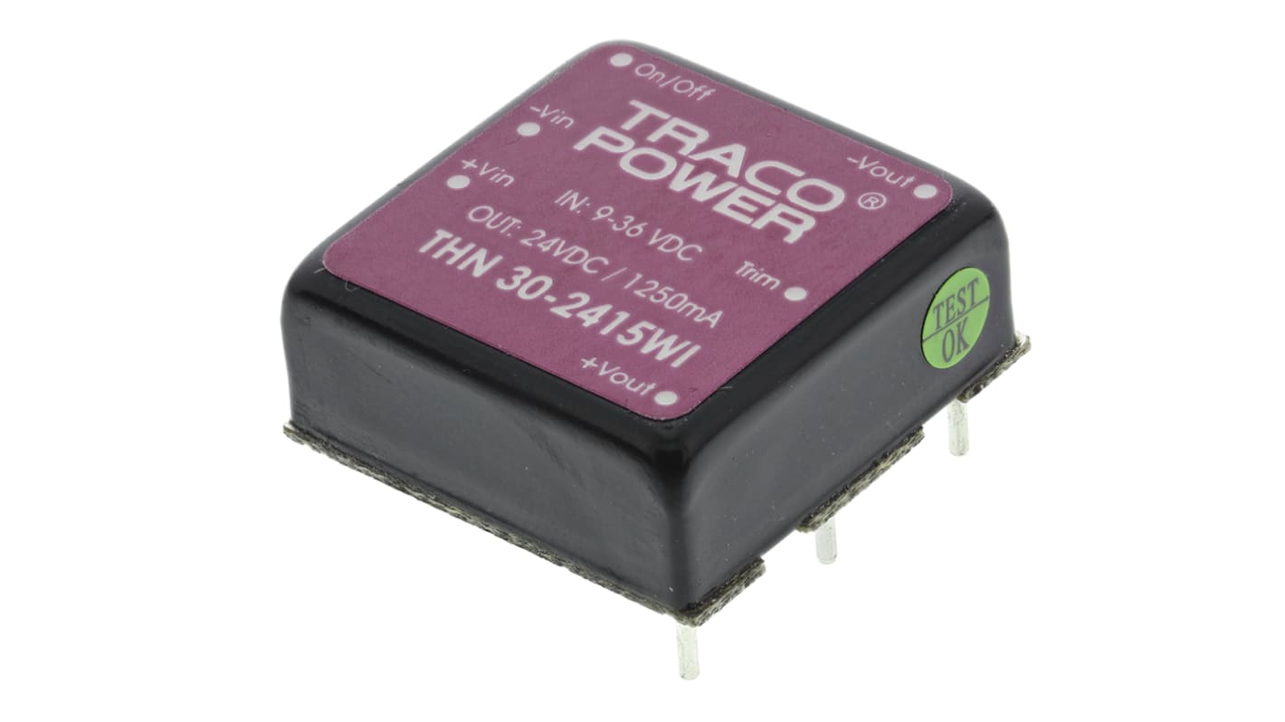 TRACOPOWER THN 30WI DC-DC Converter, 24V dc/ 1.25A Output, 9 → 36 V dc Input, 30W, Through Hole, +80°C Max Temp