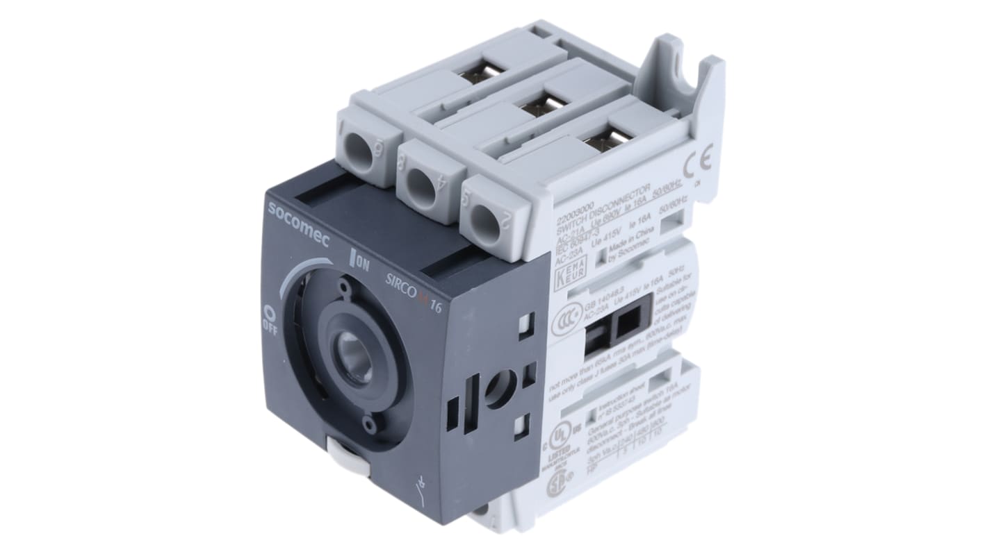 Socomec 3P Pole Isolator Switch - 16A Maximum Current, 7.5kW Power Rating, IP20