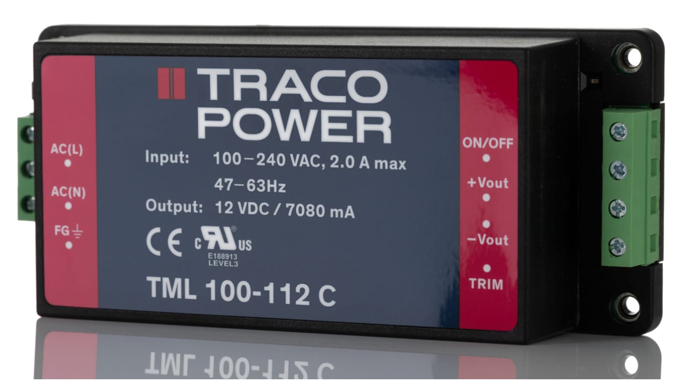 Fuente de alimentación conmutada TRACOPOWER serie TML 100C, 12V dc, 7A, 84W, 1 salida, , Montaje en panel
