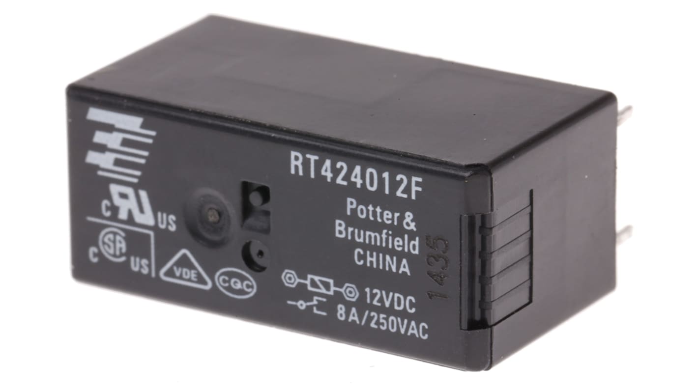 Relè di potenza TE Connectivity serie RT2, DPDT, bobina 12V cc, Montaggio su circuito stampato