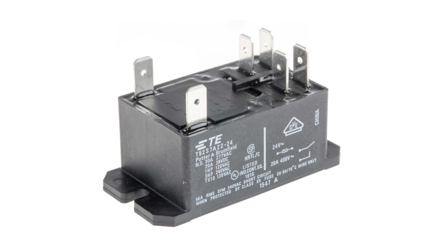 TE Connectivity Panel Mount Power Relay, 24V ac Coil, 30A Switching Current, DPST