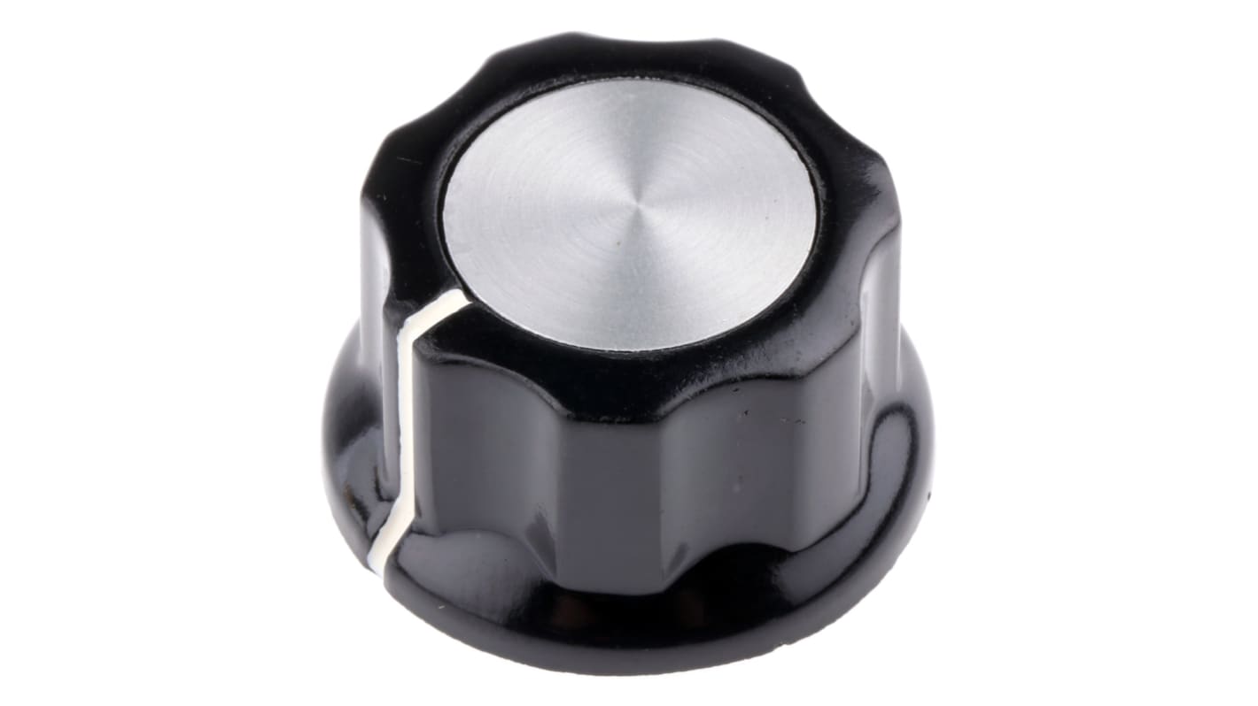 TE Connectivity 25.7mm Black Potentiometer Knob for 6.35mm Shaft Splined, PKES90B1/4