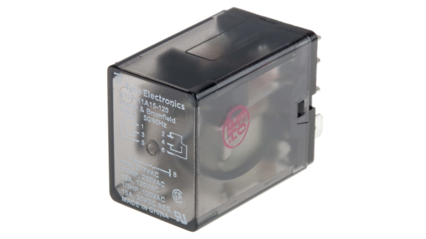 TE Connectivity Plug In Power Relay, 120V ac Coil, 15A Switching Current, DPDT