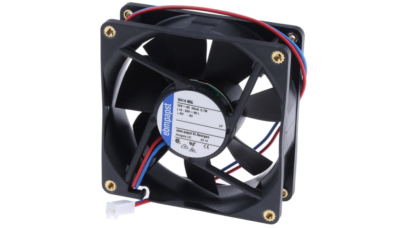 Ventilador Axial ebm-papst 8400 N de 80 x 80 x 25mm, 24 V dc, 700mW, 1500rpm, caudal 33m³/h, 12dB