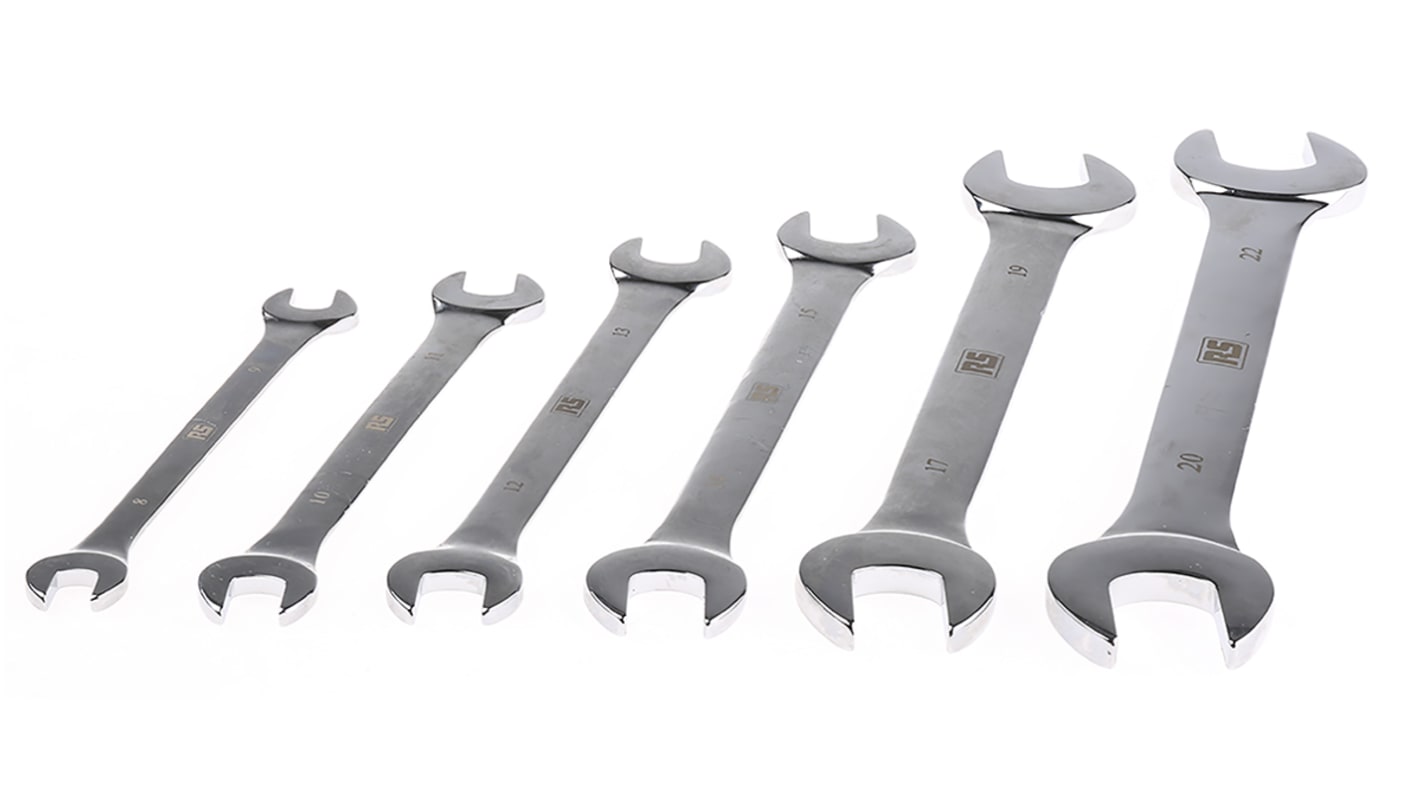 RS PRO 6-Piece Open Ended Spanner Set, 10 x 11 mm, 12 x 13 mm, 14 x 15 mm, 17 x 19 mm, 20 x 22 mm, 8 x 9 mm, Steel