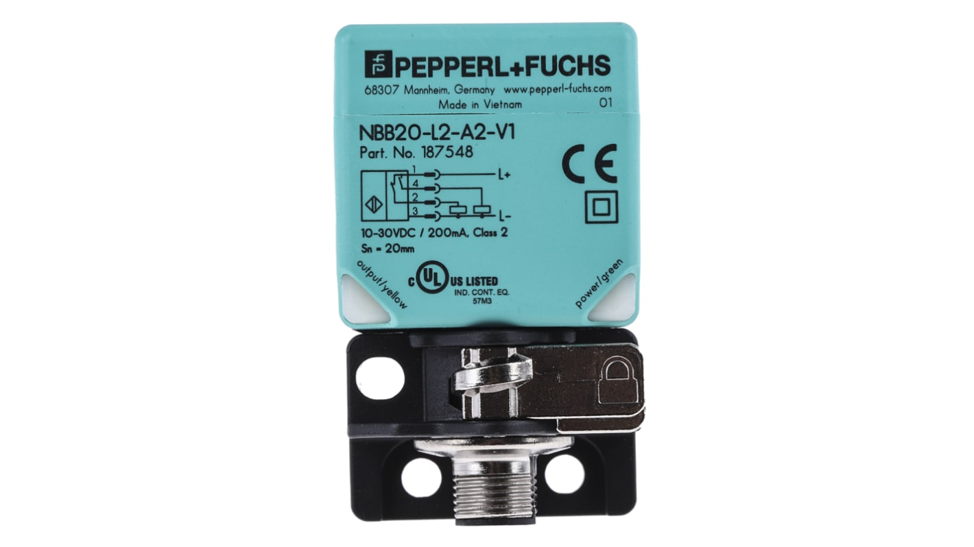 Pepperl + Fuchs Inductive Block-Style Proximity Sensor, 20 mm Detection, PNP Output, 10 → 30 V dc, IP69K