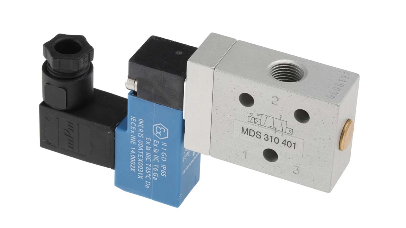 Electrodistributeur pneumatique RS PRO serie MDS fonction 3/2, Bobine/Ressort, G 1/8, 24V c.c.