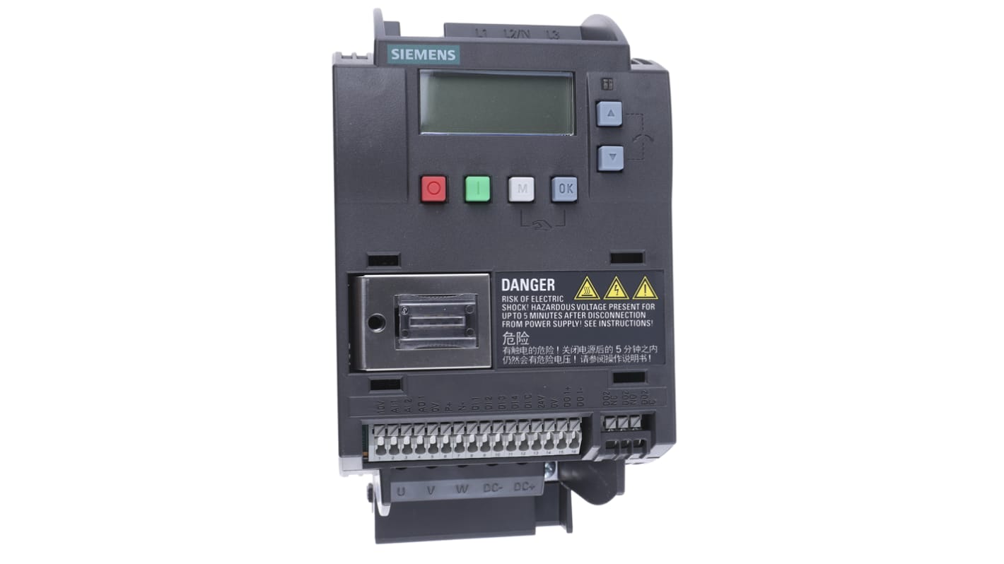 Variador de frecuencia Siemens serie SINAMICS V20, 1,5 kW, 400 V ac, 3 fases, 4,1 A, 0 → 550Hz, IP20, Modbus