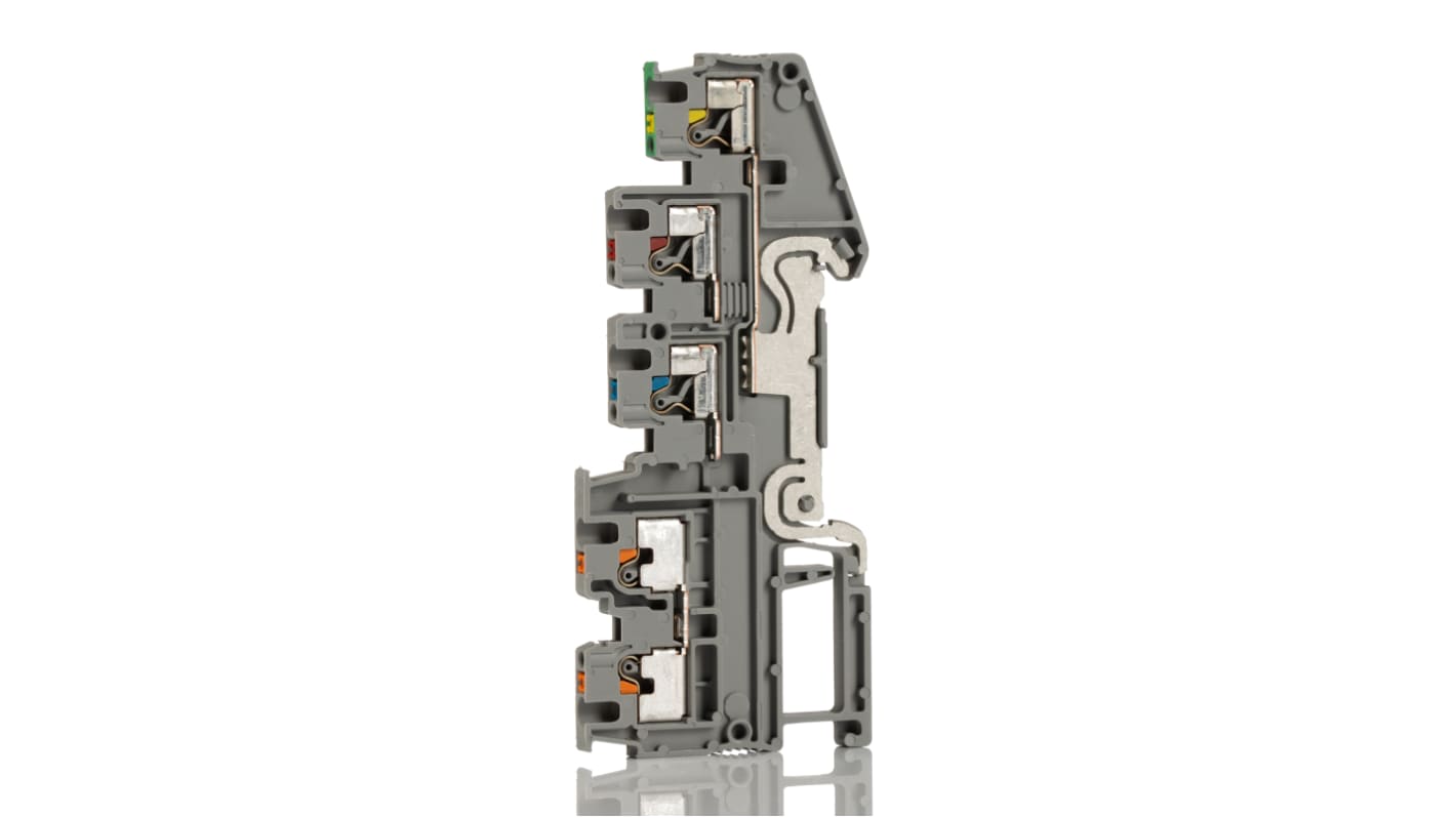 Phoenix Contact PTIO 1.5/S/4-PE Series Grey DIN Rail Terminal Block, 1.5mm², Quadruple-Level, Push In Termination