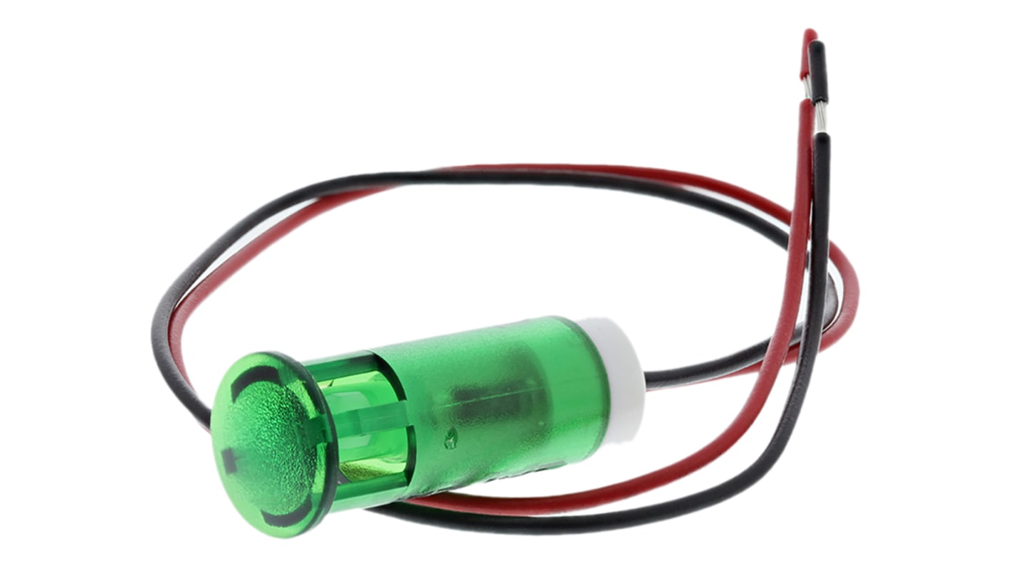 Indikátor pro montáž do panelu 10mm barva Zelená, typ žárovky: LED Olověné dráty, 220V ac APEM