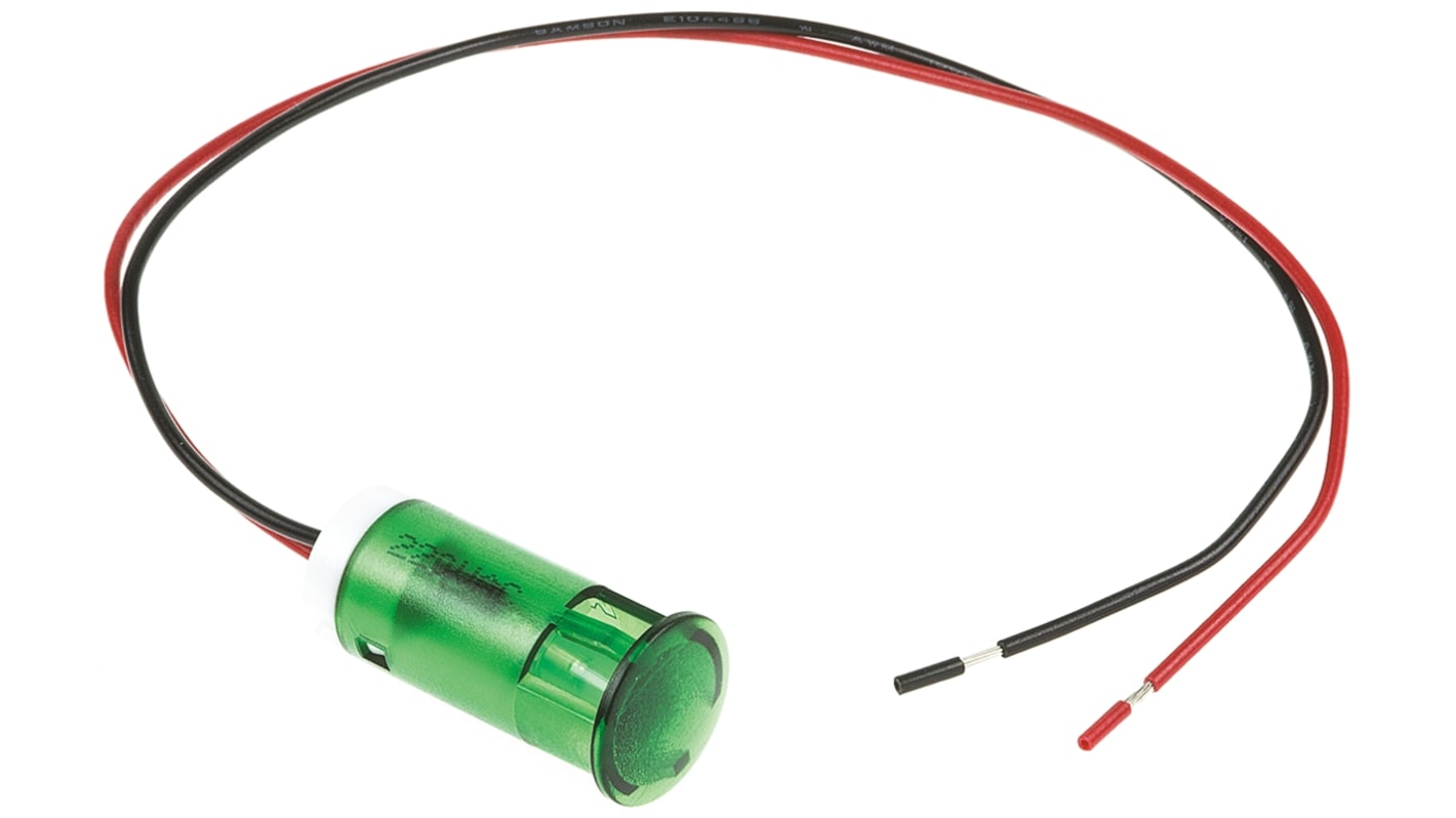 Apem Green Panel Mount Indicator, 220V ac, 12mm Mounting Hole Size, Lead Wires Termination