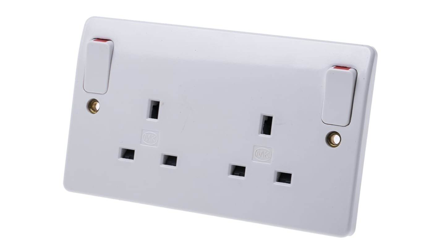 Presa elettrica, MK Electric K2746WHI, 13A, 2 moduli, IP2XD, presa Tipo G - inglese, Bianco In interni, Montaggio