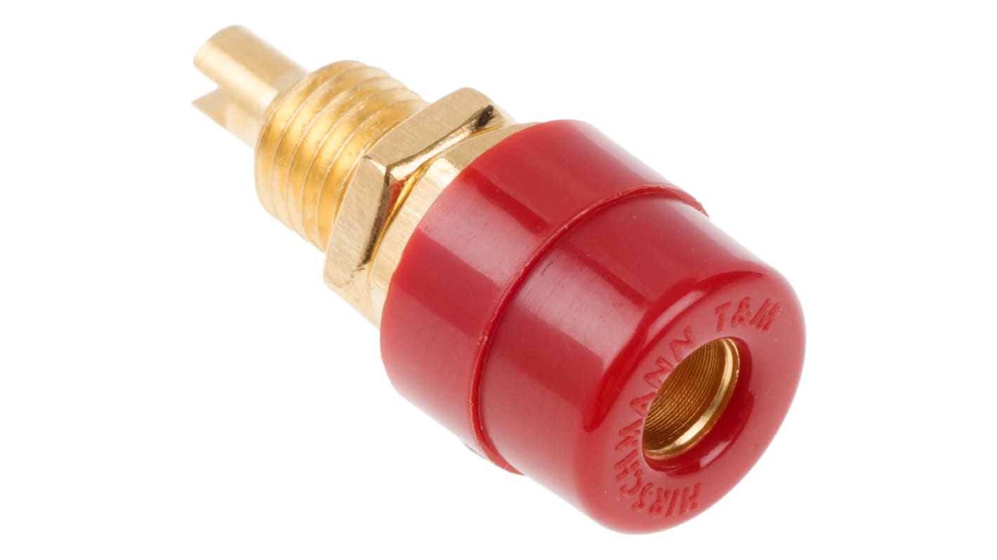 Hirschmann 4 mm Bananenbuchse Rot, Kontakt vergoldet, 30 V ac, 60V dc / 32A, Lötanschluss