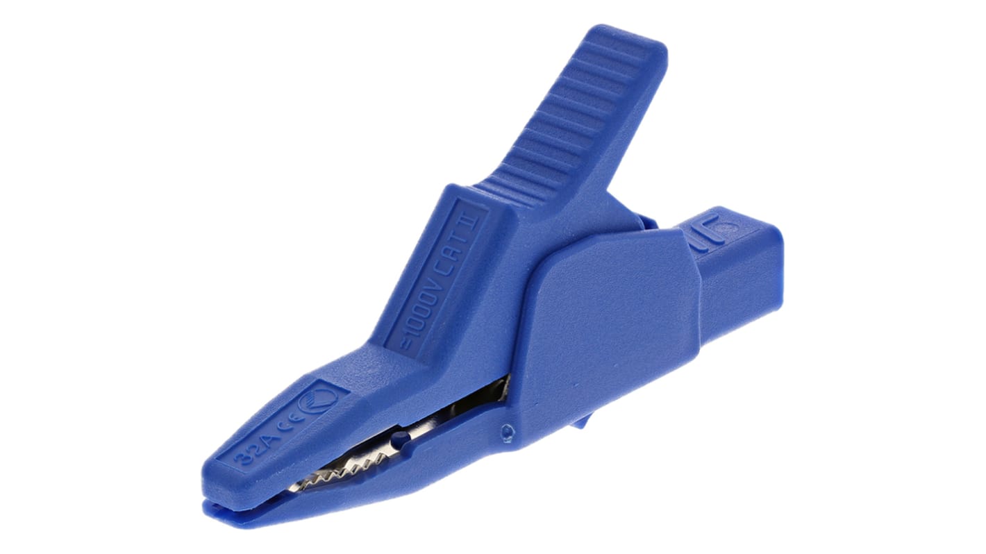 Clip a coccodrillo  Hirschmann T&M, 32A, apertura 30mm, isolato, col. Blu