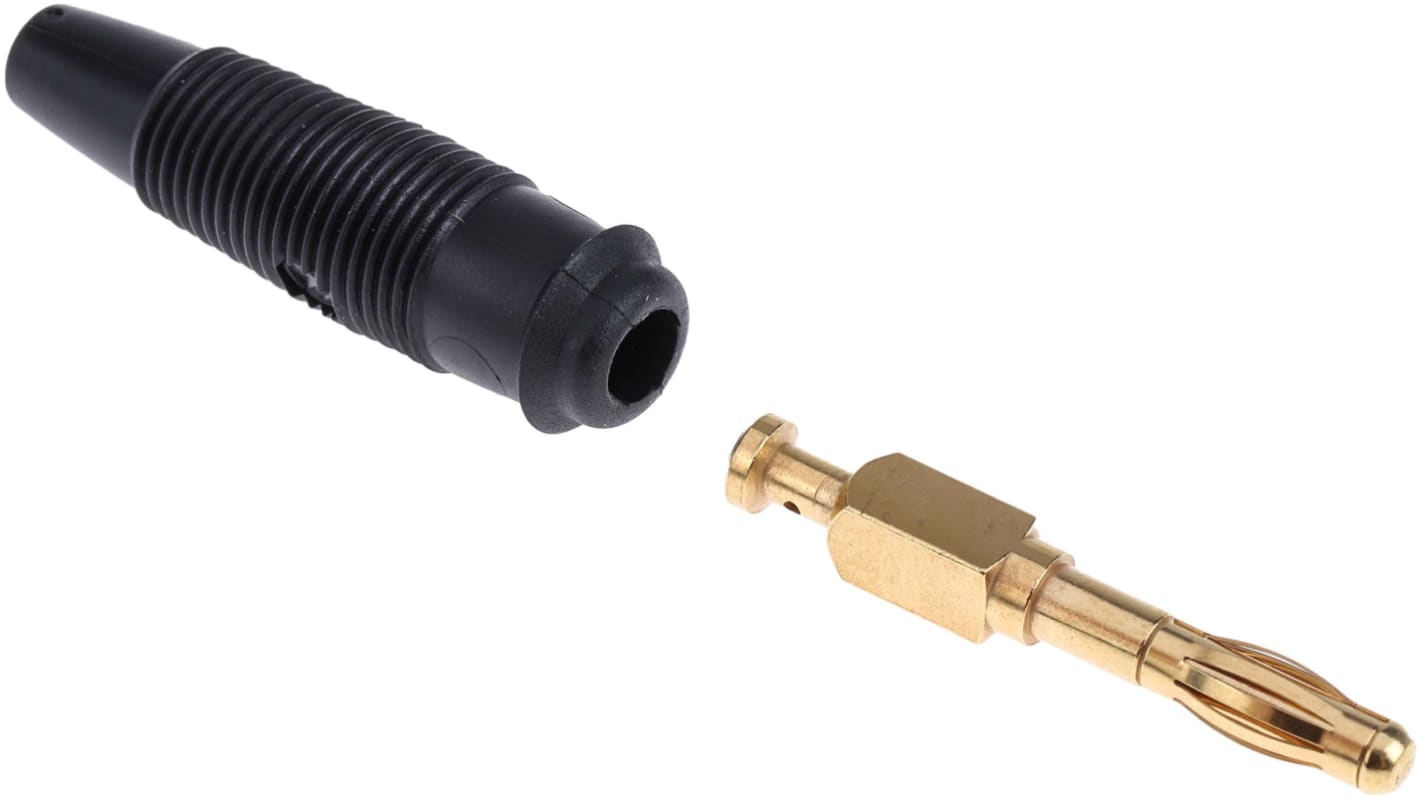 Hirschmann 4 mm Bananenstecker Schwarz, Kontakt vergoldet, 30 V ac, 60V dc / 32A, Lötanschluss