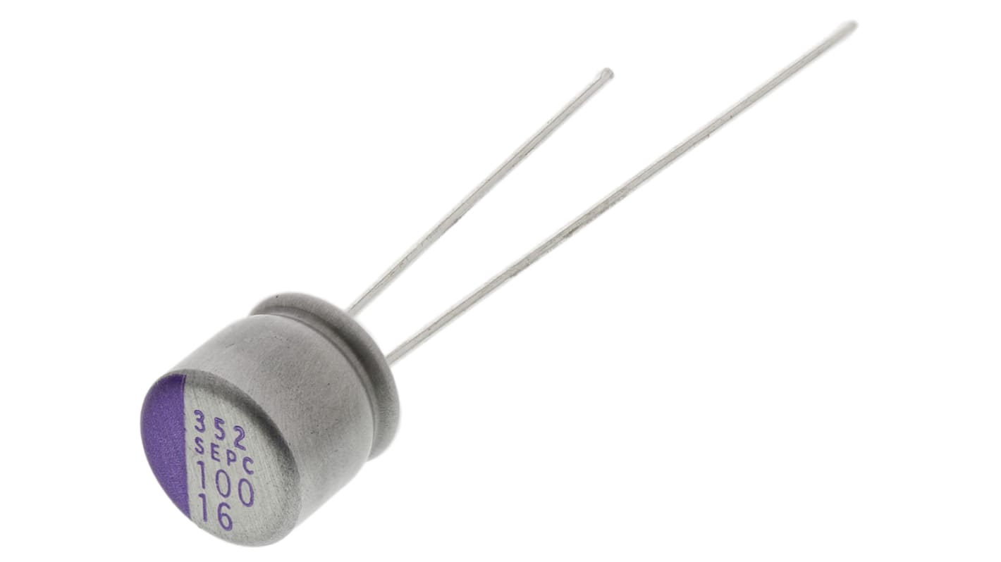 Panasonic SEPC, THT Polymerkondensator 100μF ±20% / 16V dc, Ø 6.3mm, -55°C → +105°C