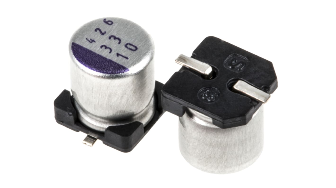 Condensador de polímero Panasonic SVP, 33μF ±20%, 10V dc, Montaje en Superficie, paso 1.4mm, dim. 5 (Dia) x 5.9mm
