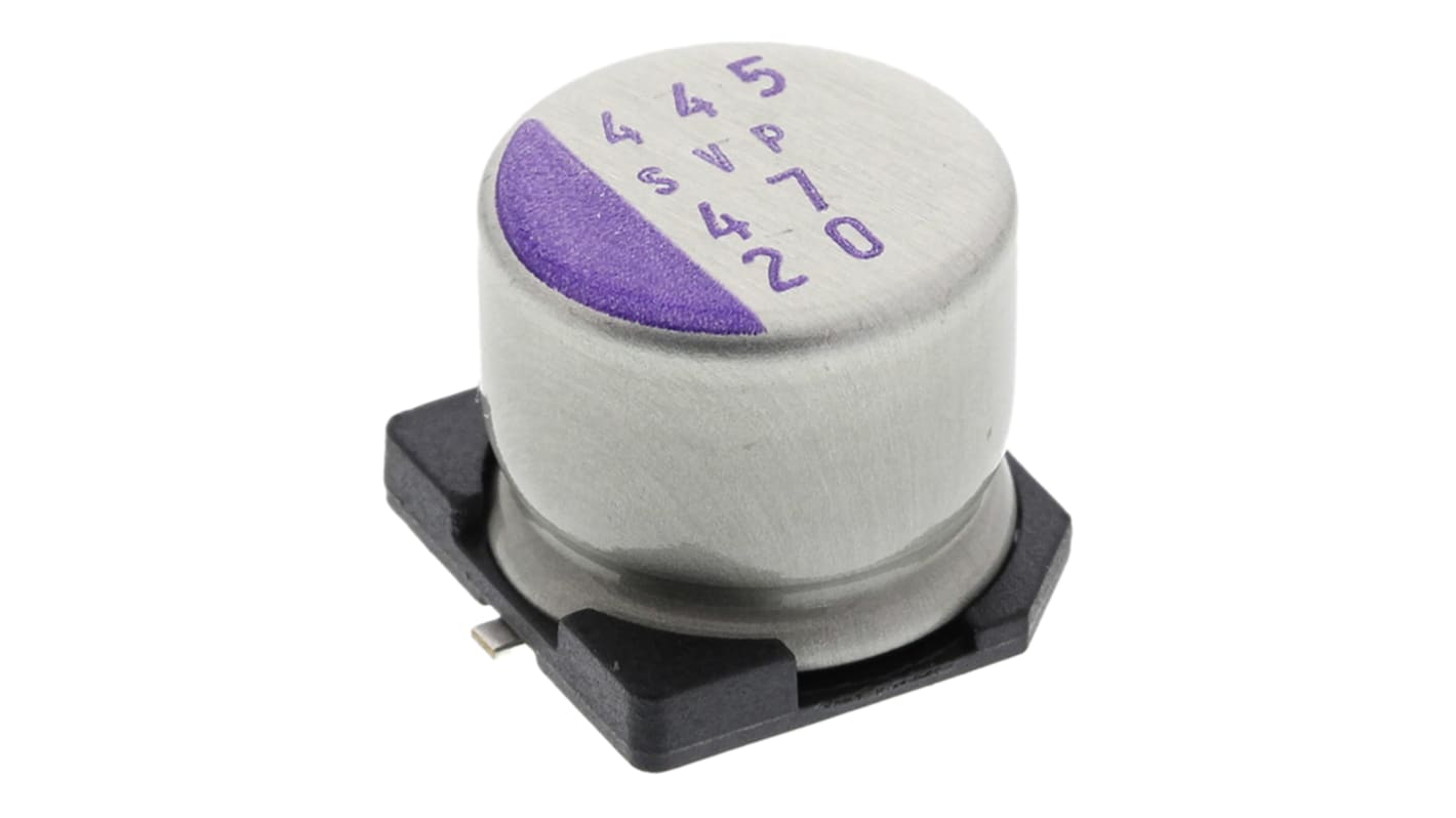 Condensador de polímero Panasonic SVP, 47μF ±20%, 20V dc, Montaje en Superficie, paso 3.2mm, dim. 8 (Dia) x 6.9mm