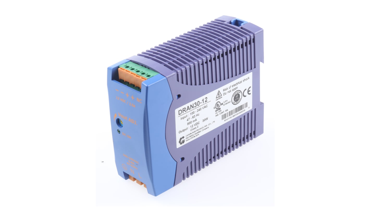 Chinfa DRAN30 Switch Mode DIN Rail Power Supply, 85 → 264V ac ac Input, 12V dc dc Output, 2.5A Output, 30W