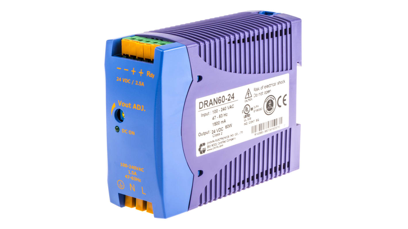 Chinfa DRAN60 Switched Mode DIN Rail Power Supply, 85 → 264V ac ac Input, 24V dc dc Output, 2.5A Output, 60W