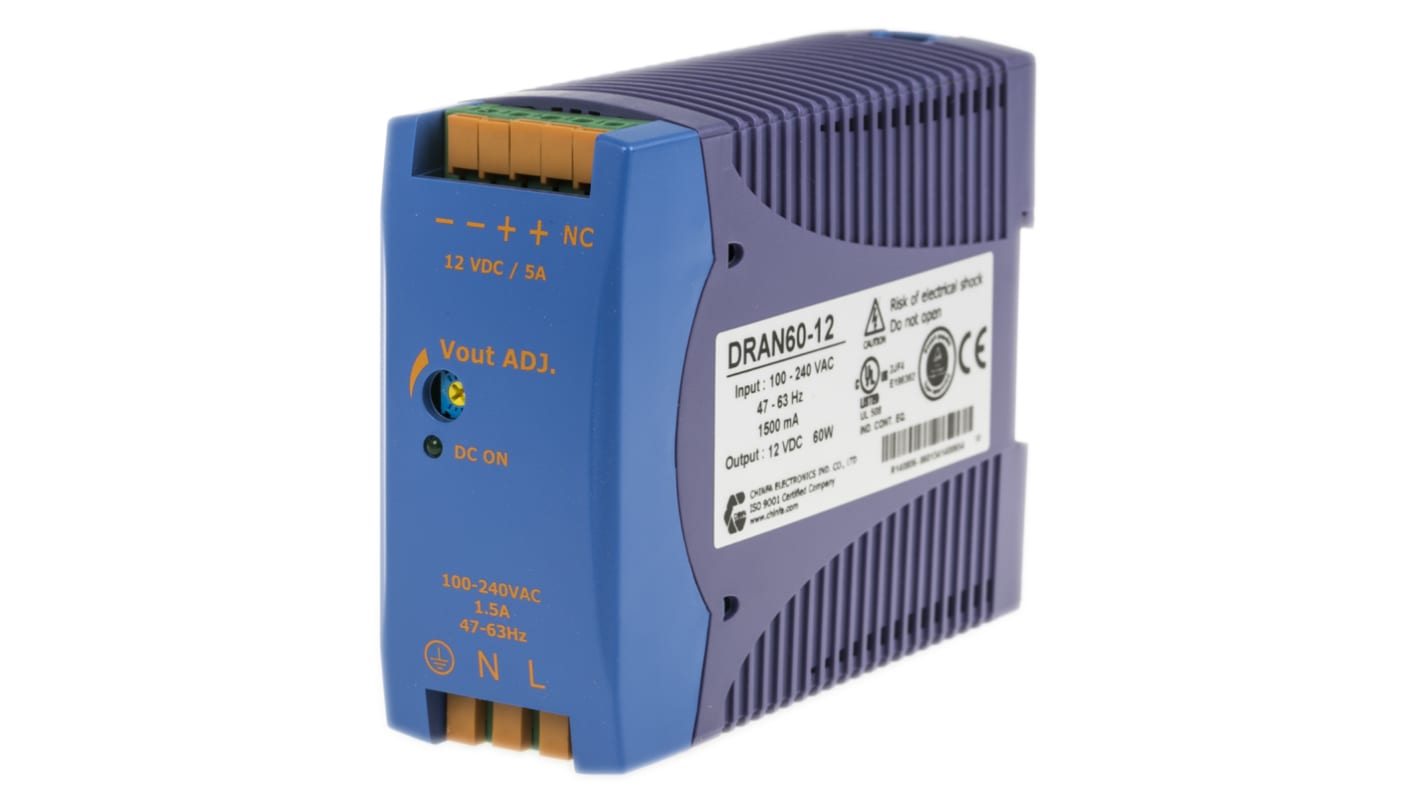 Chinfa DRAN60 Switch Mode DIN Rail Power Supply, 85 → 264V ac ac Input, 12V dc dc Output, 5A Output, 60W