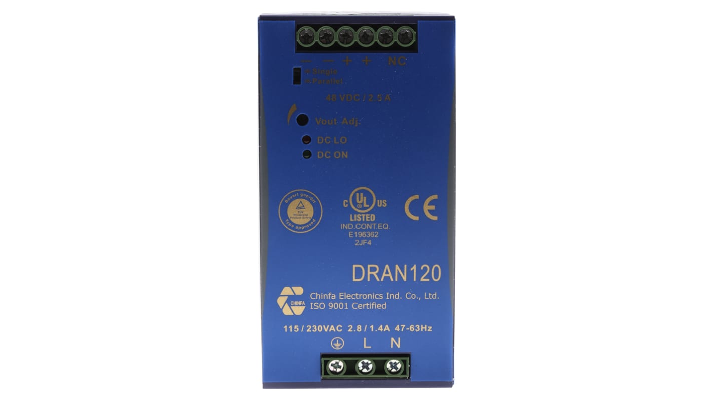 Chinfa DRAN120 Switch Mode DIN Rail Power Supply, 90 → 264V ac ac Input, 48V dc dc Output, 2.5A Output, 120W