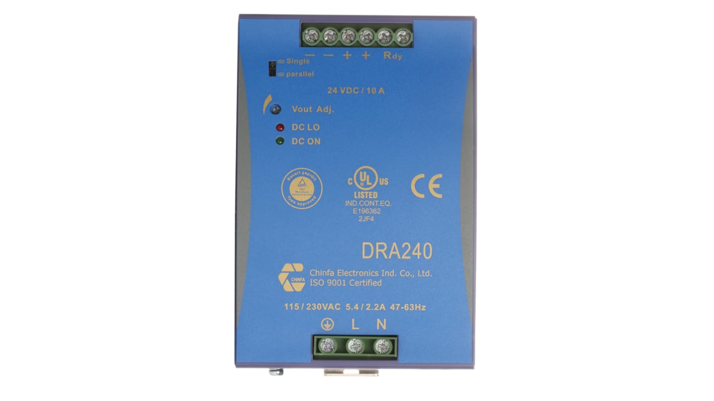 Chinfa DRA240 Switched Mode DIN Rail Power Supply, 90 → 264V ac ac Input, 24V dc dc Output, 10A Output, 240W