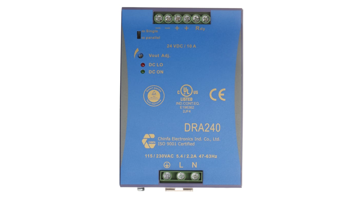 Chinfa DRA240 Switch-mode DIN-skinnemonteret strømforsyning, 240W 24V dc