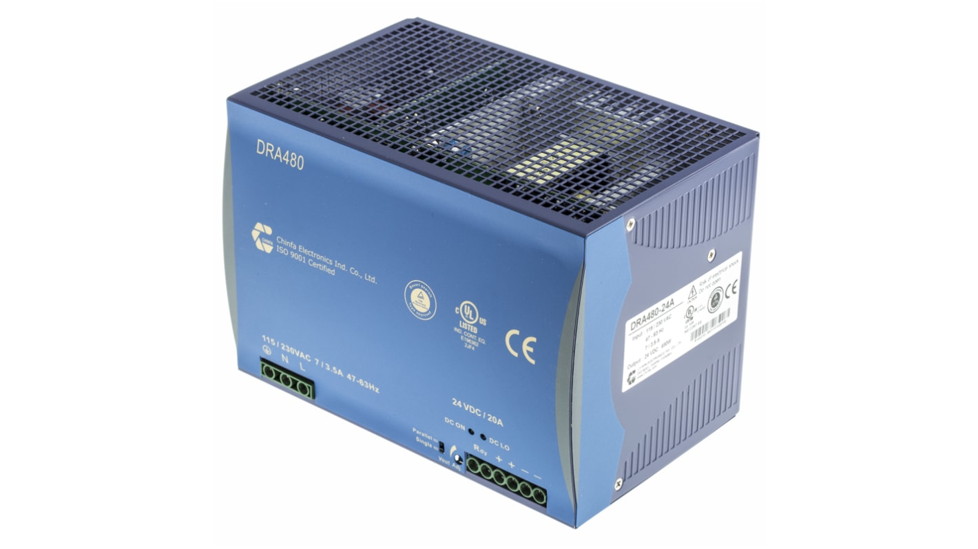 Chinfa DRA480 Switched Mode DIN Rail Power Supply, 90 → 264V ac ac Input, 24V dc dc Output, 20A Output, 480W